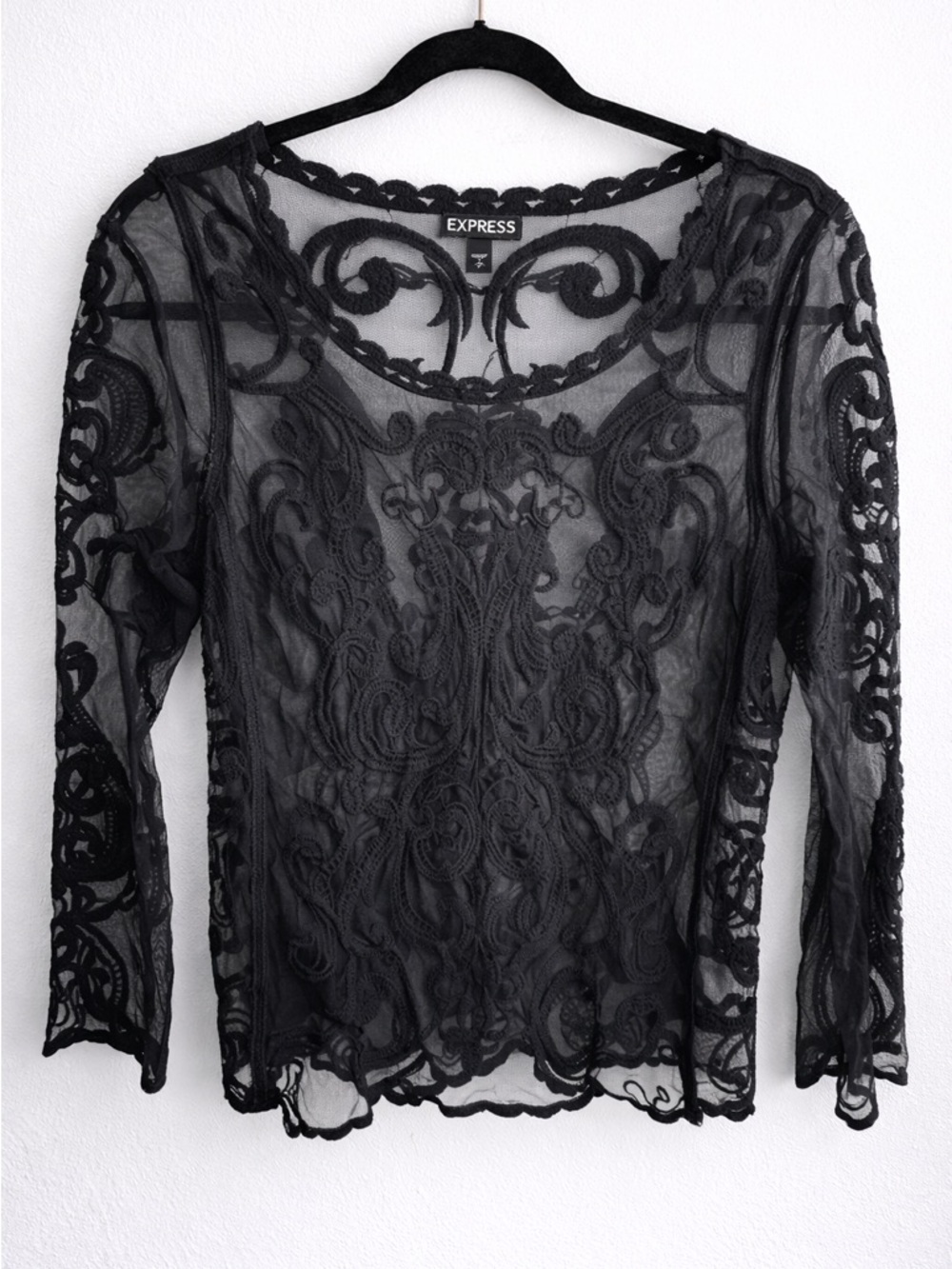 Express Black Sheer Embroidered Lace Long Sleeve Blouse